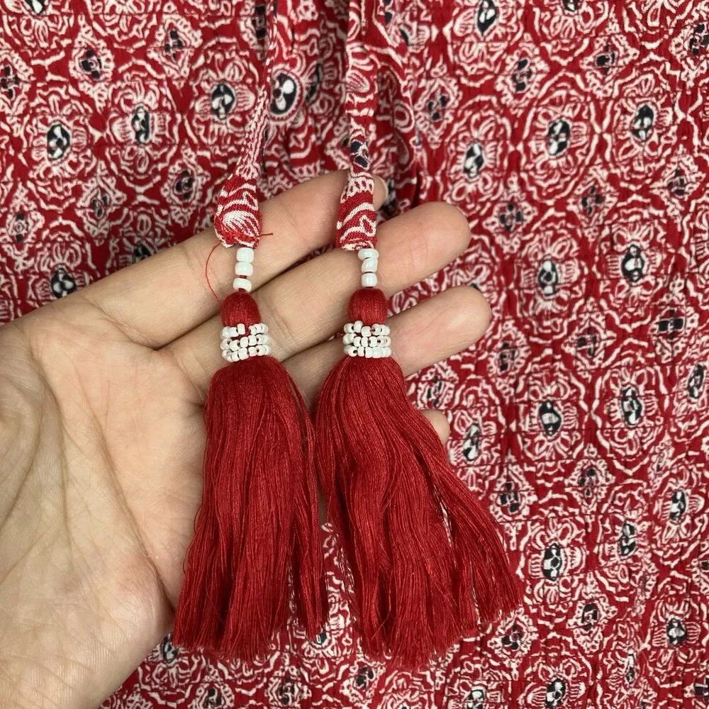 BOG Smocked Mini Dress Womens‎ XL Red Egret Tassel Ruffle Boho